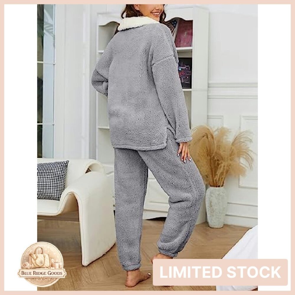 Fluffy Fleece Pajamas Set Cozy Oversized Chic Lounge Wear Pullover Pants - Picture 3 of 8